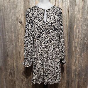 H&M Women's XL Mini Dress Black Cream Floral Long Sleeve Flowy Button Front